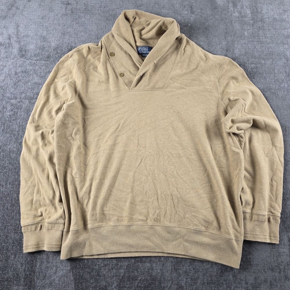Polo Ralph Lauren Shawl Collar Sweater Mens XL Beige Tan Jumper Boxy Fit Preppy
